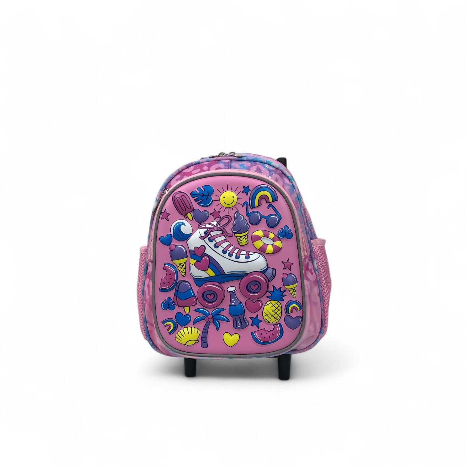 Kids rolling school backpack, front view with colorful musical icons graphic, small wheels